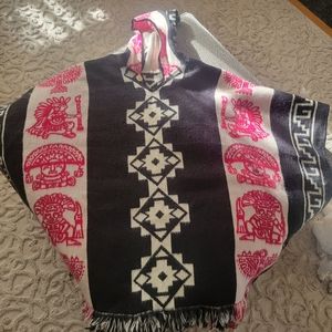 Poncho style sweater with hood. Pink cream and black 1 size fits most